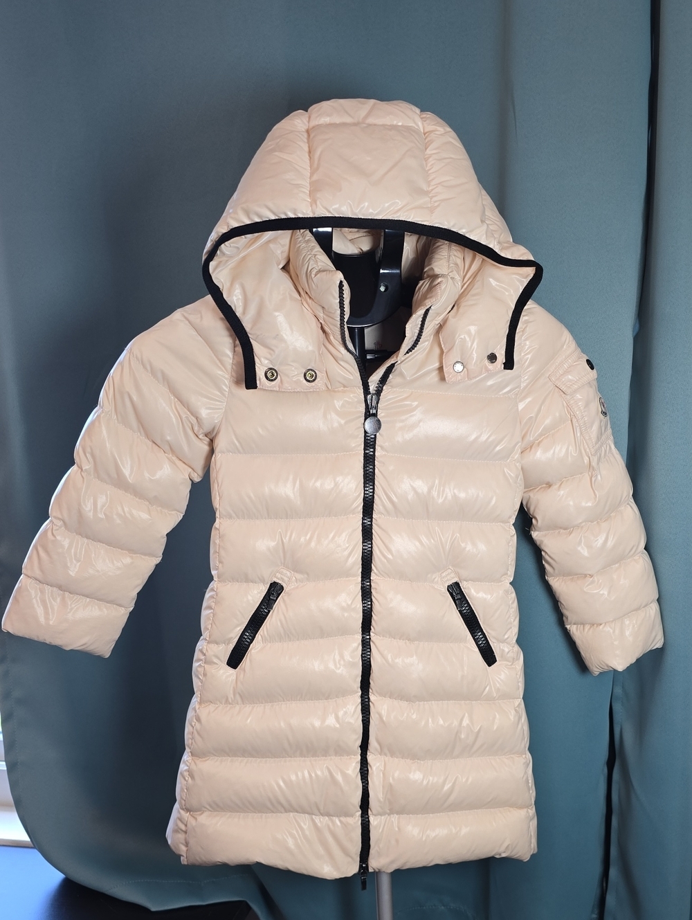 Moncler Kids Long Puffer Coat Pink with Black Trim Size 5